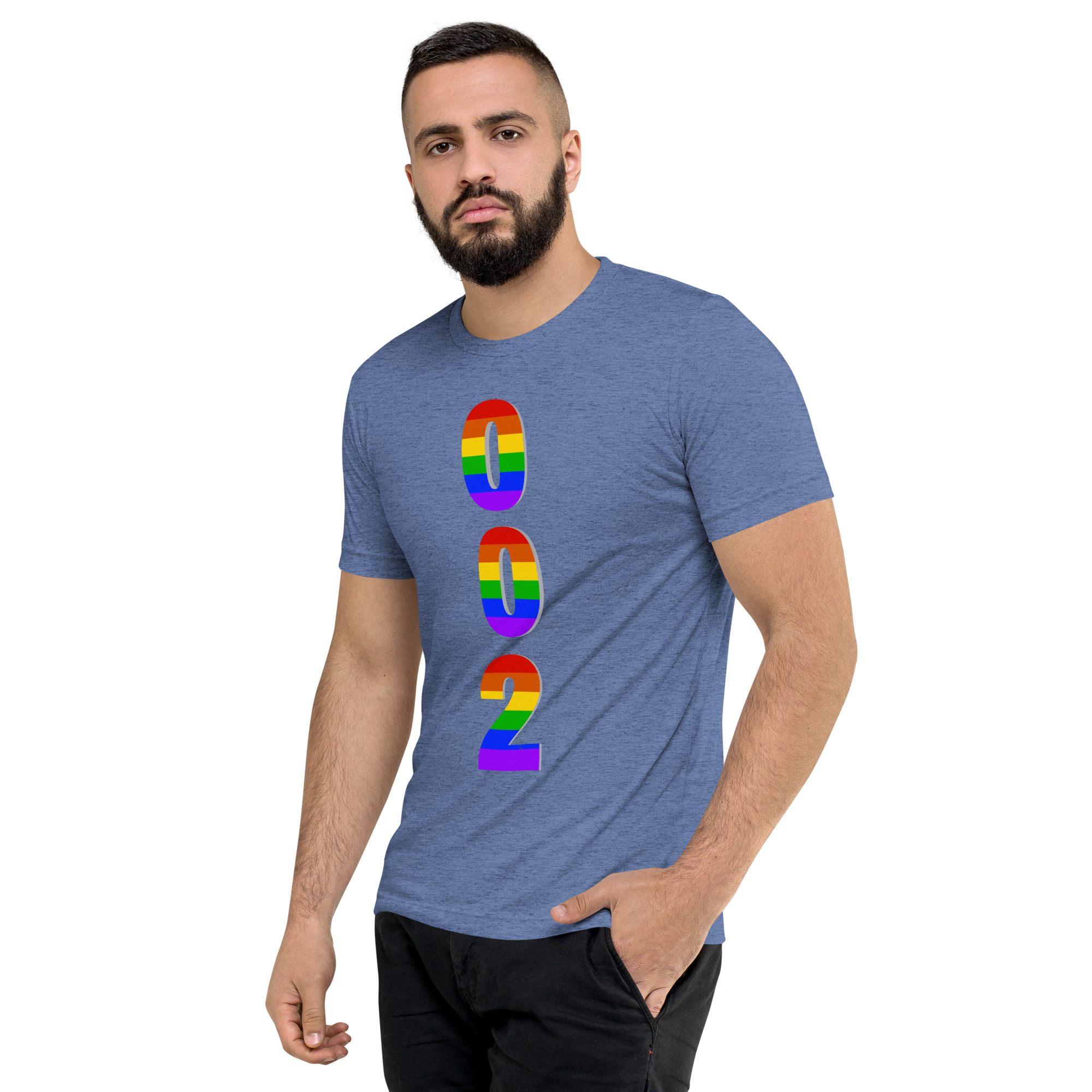 Unisex blue tri-blend Pickleball Pride T-Shirt by PeaMac Pickleball Tees, featuring LGBTQ2 rainbow design on front.