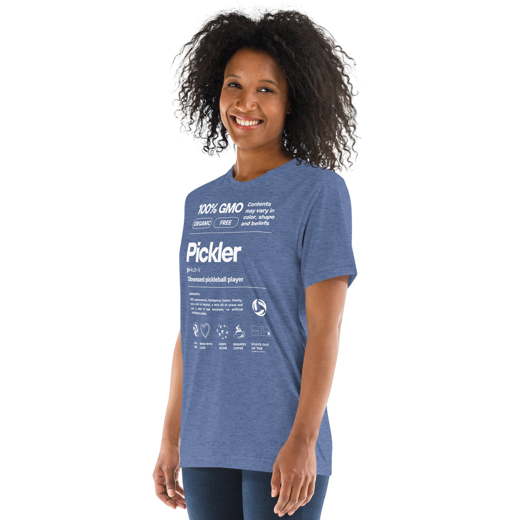 PeaMac Pickleball Tees women's pickler funny definitions T-shirt in blue with white text, lightweight unisex tri-blend activewear.