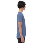 PeaMac Pickleball T-Shirt, unisex tri-blend performance tee in blue with pickleball graphic and breathable fabric detail.