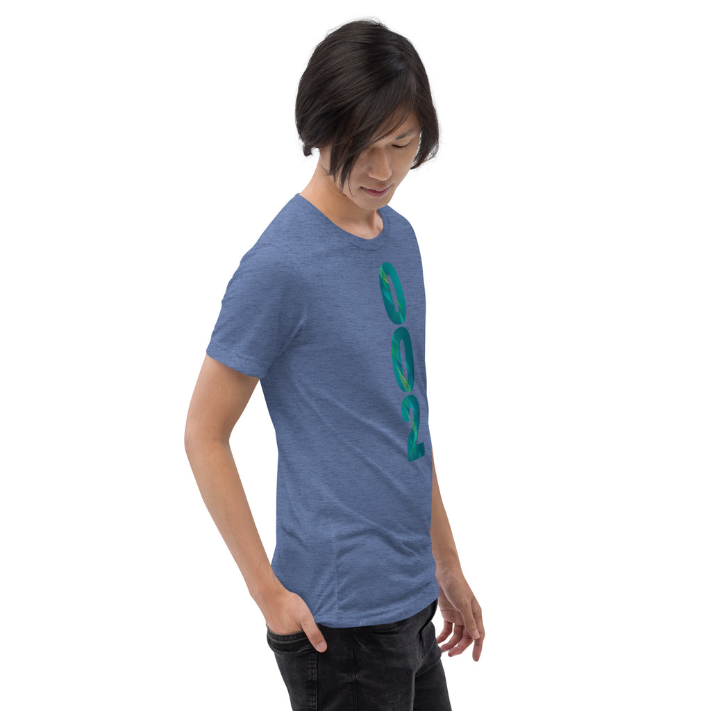 PeaMac Pickleball Tees unisex tri-blend T-shirt in blue with GameStart Green logo, right front view.