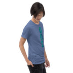 PeaMac Pickleball Tees unisex tri-blend T-shirt in blue with GameStart Green logo, right front view.