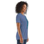 PeaMac Pickleball T-Shirt, unisex tri-blend performance tee in blue, shown from the right front angle.