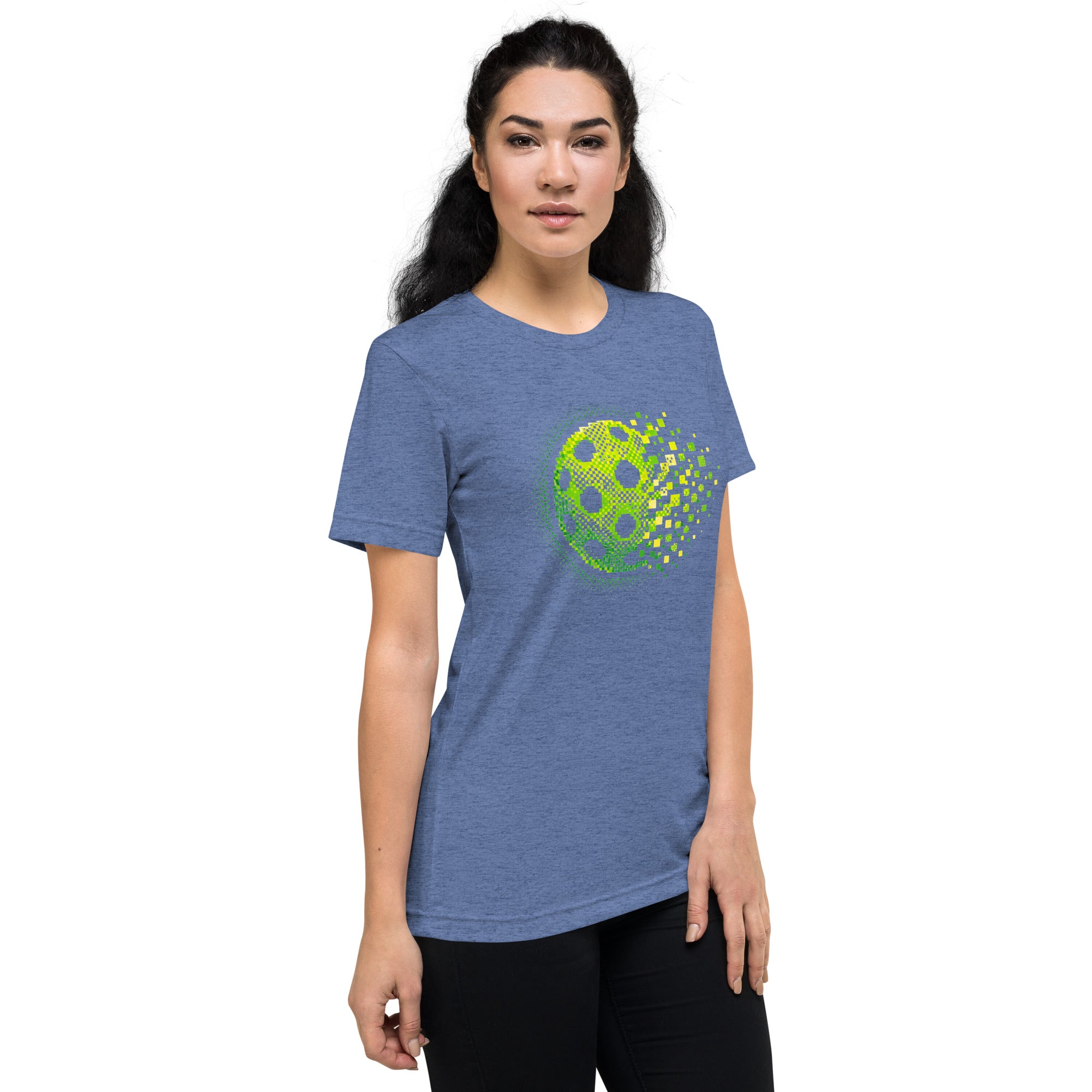 PeaMac Pickleball Tees unisex blue tri-blend T-shirt featuring a retro court graphic design on the front.
