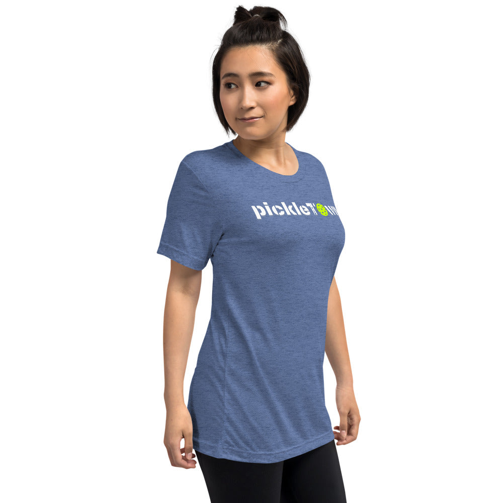 Toronto PickleTOwn T-Shirt — The 6ix Pickleball Tee with CN Tower & Pickleball 'O' - Blue - Right Front - PeaMacTees