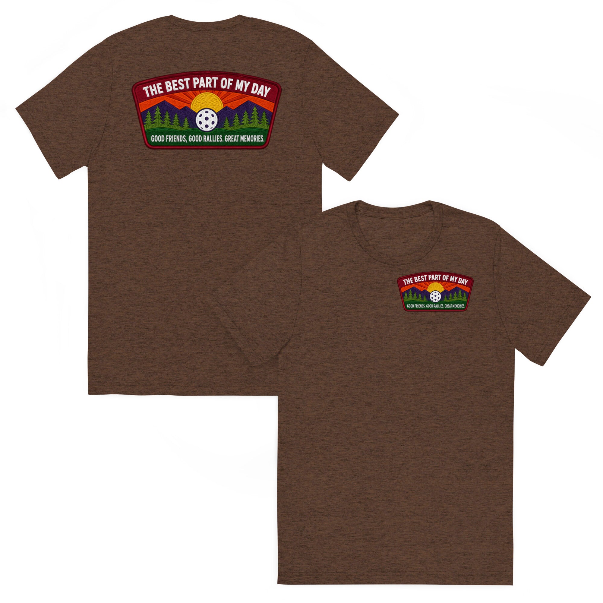 Unisex brown tri-blend pickleball T-shirt with "Best Part of My Day" slogan on front and back, by PeaMac Pickleball Tees.