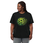 Unisex charcoal black tri-blend T-shirt featuring a retro court pickleball graphic design by PeaMac Pickleball Tees.