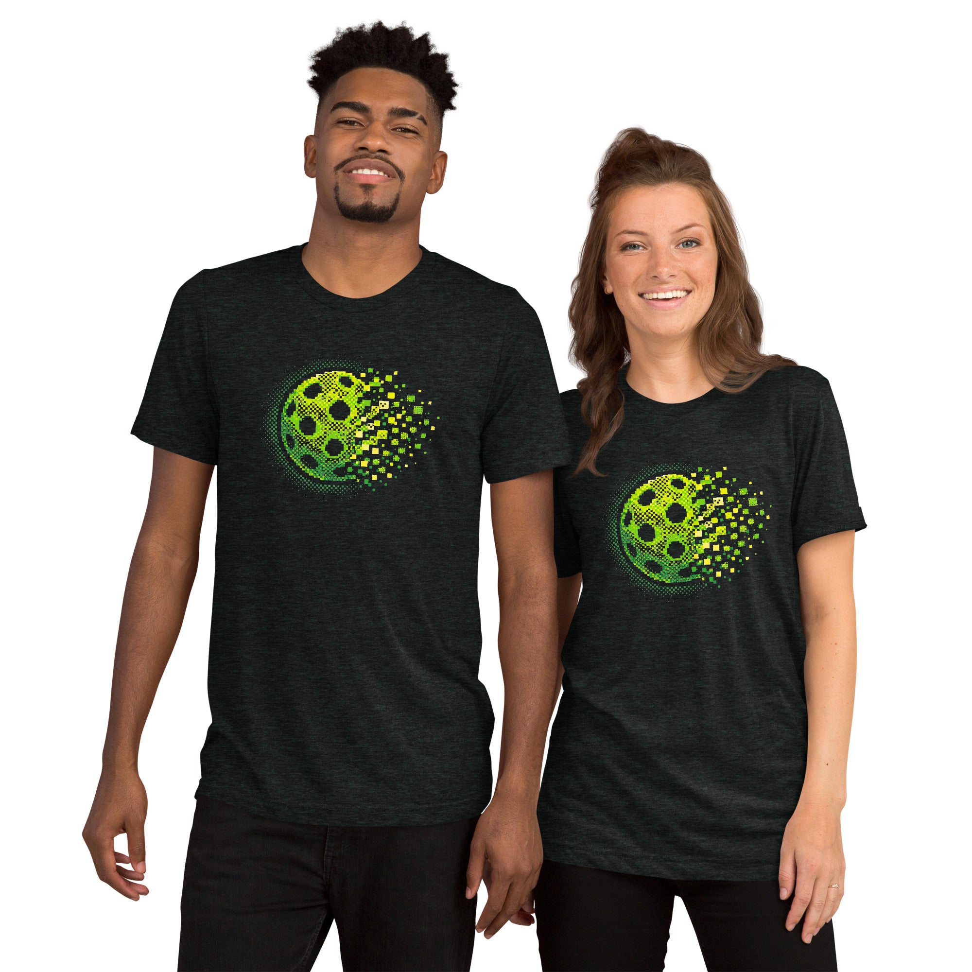 PeaMac Pickleball Tees Matrix Burst Pickleball T-Shirt in charcoal black with retro court graphic, unisex tri-blend fabric.