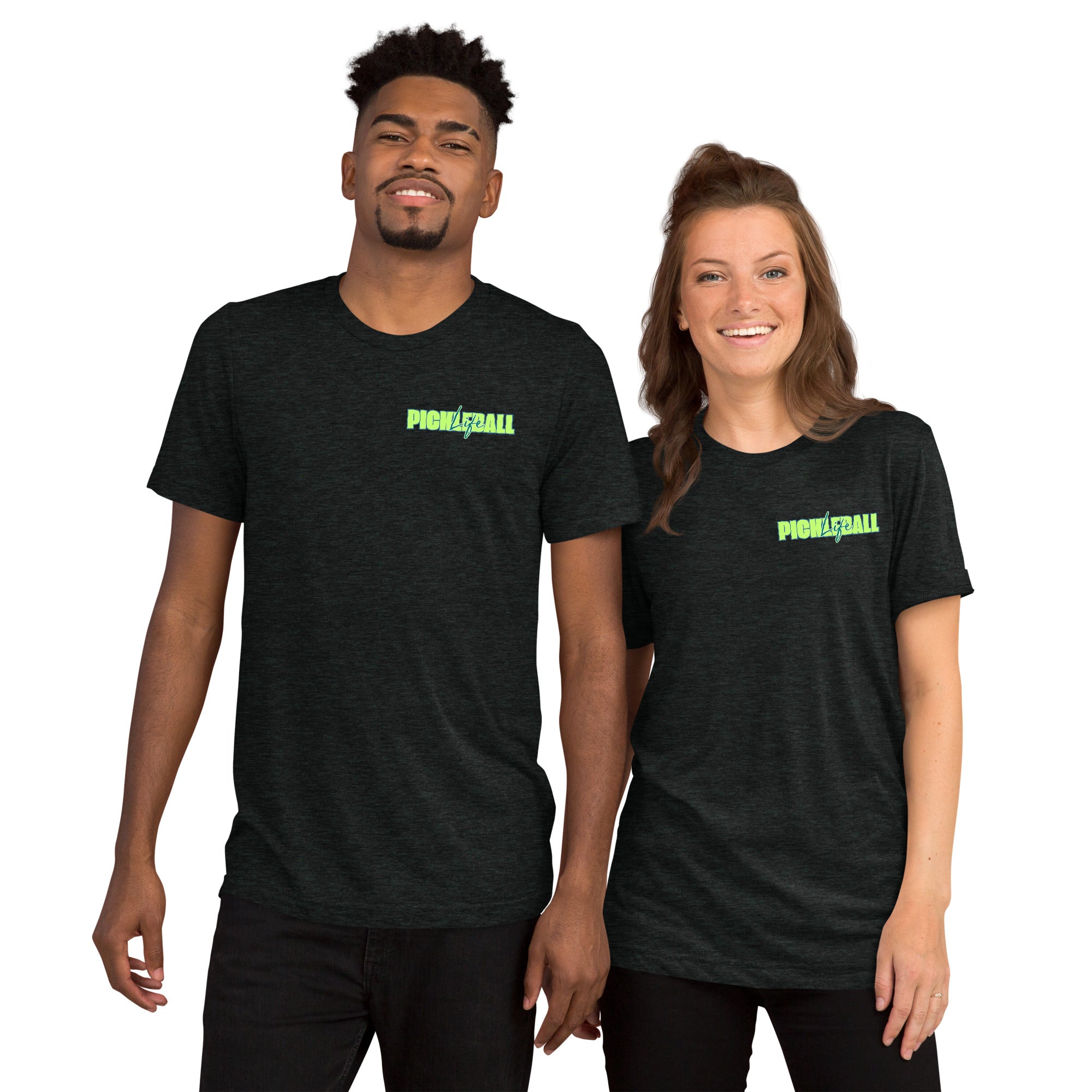Unisex Pickleball Life T-shirt by PeaMac Pickleball Tees in black, featuring bold green and blue graphic design on the front.