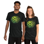 Unisex charcoal black tri-blend T-shirt featuring the Matrix Burst Neo-Green pickleball graphic, by PeaMac Pickleball Tees.