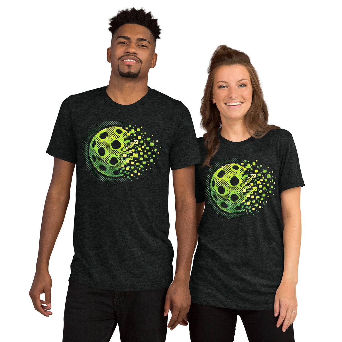 Unisex charcoal black tri-blend T-shirt featuring the Matrix Burst Neo-Green pickleball graphic, by PeaMac Pickleball Tees.