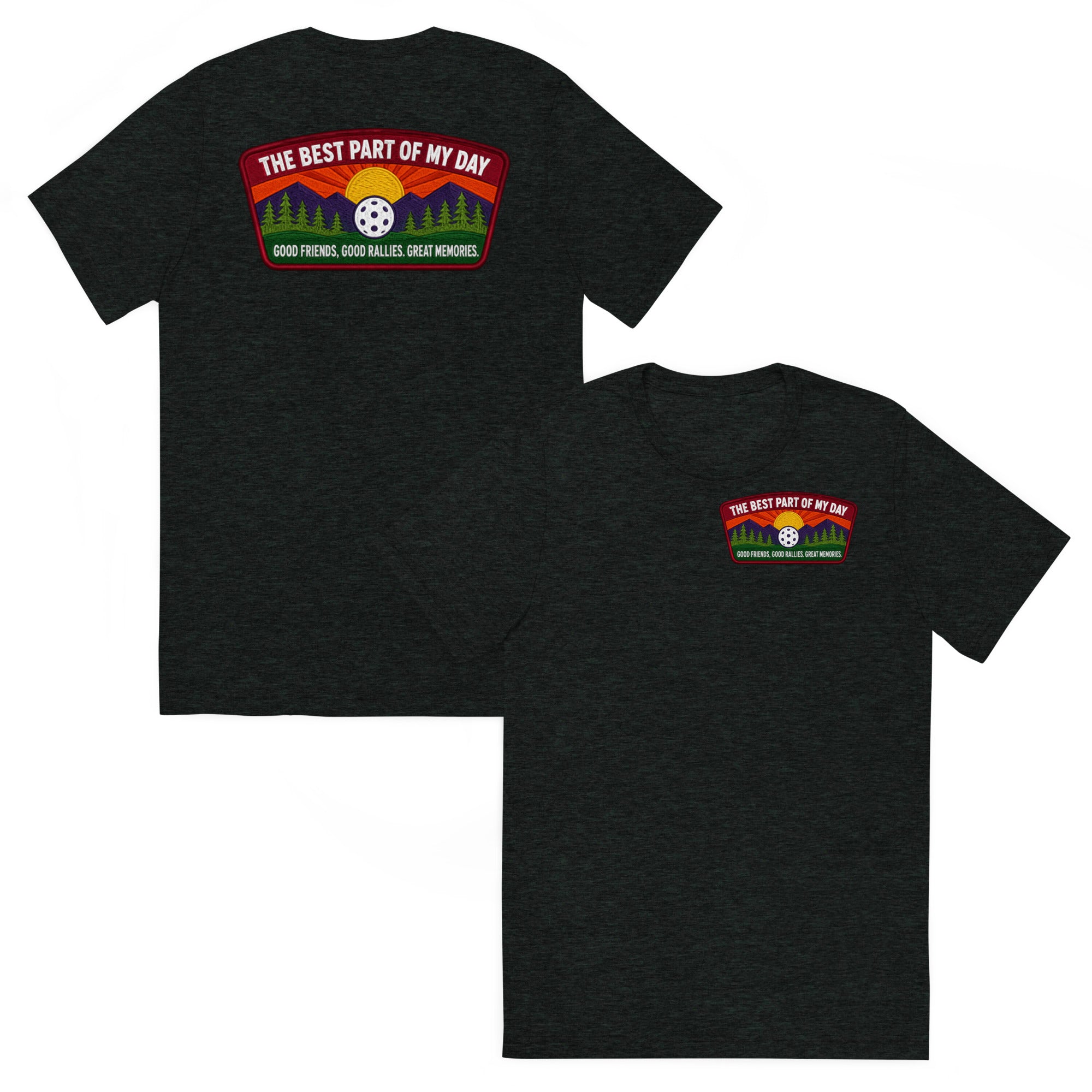 Charcoal black unisex tri-blend pickleball T-shirt with front and back design, from PeaMac Pickleball Tees, featuring "Best Part of My Day" text.