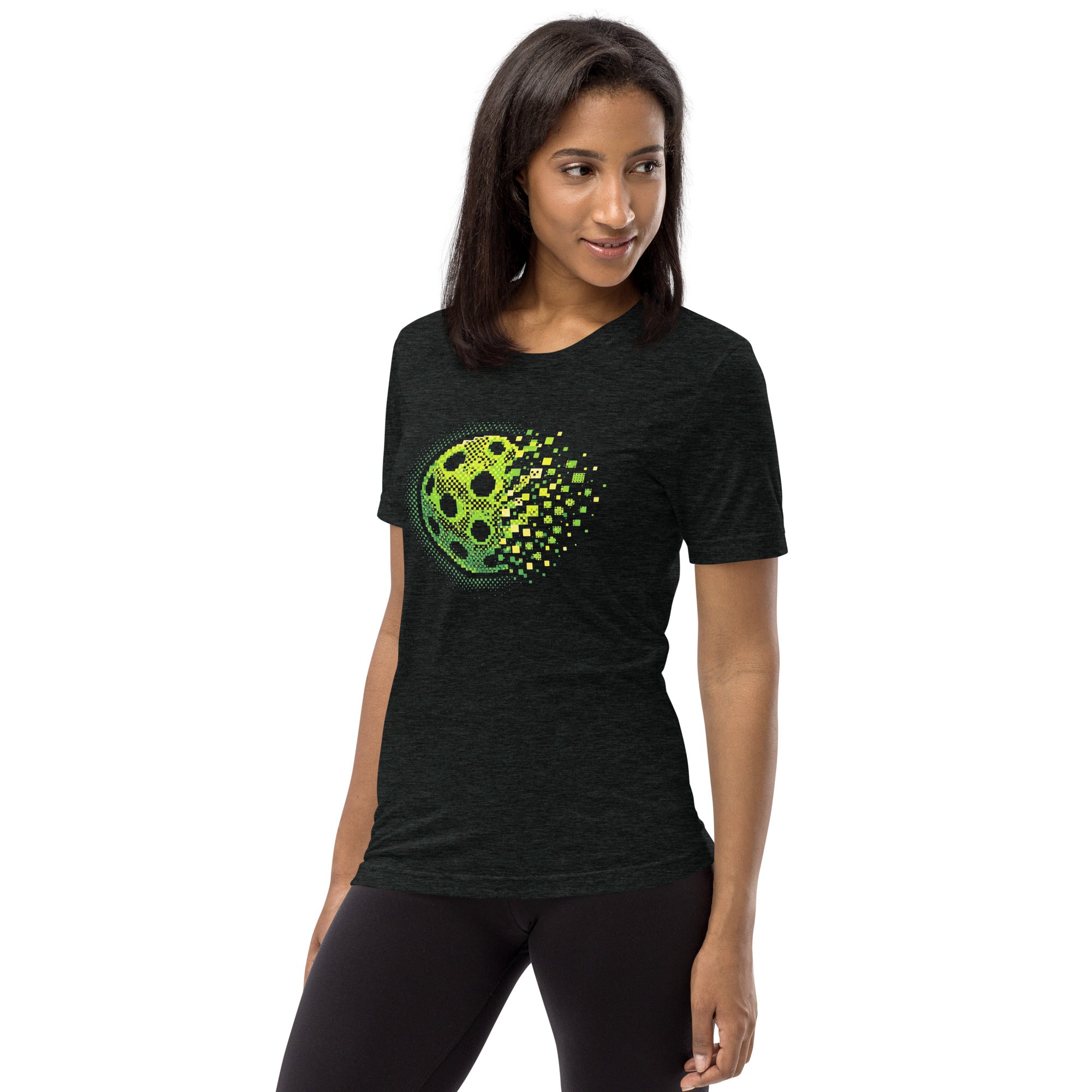 PeaMac Pickleball Tees Matrix Burst Pickleball T-Shirt in retro court graphic design, charcoal black unisex tri-blend fabric.