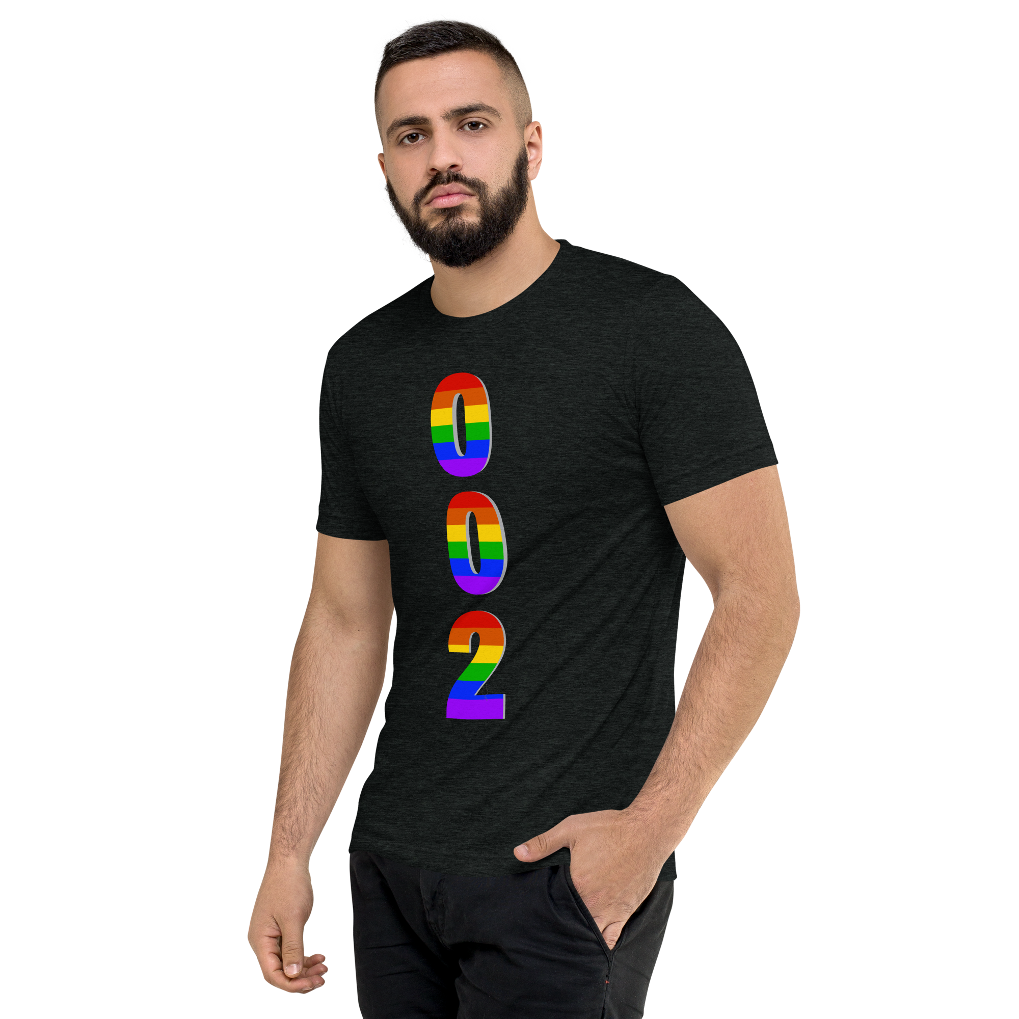 Unisex black tri-blend Pickleball Pride T-Shirt by PeaMac Pickleball Tees with LGBTQ2 rainbow logo on front.