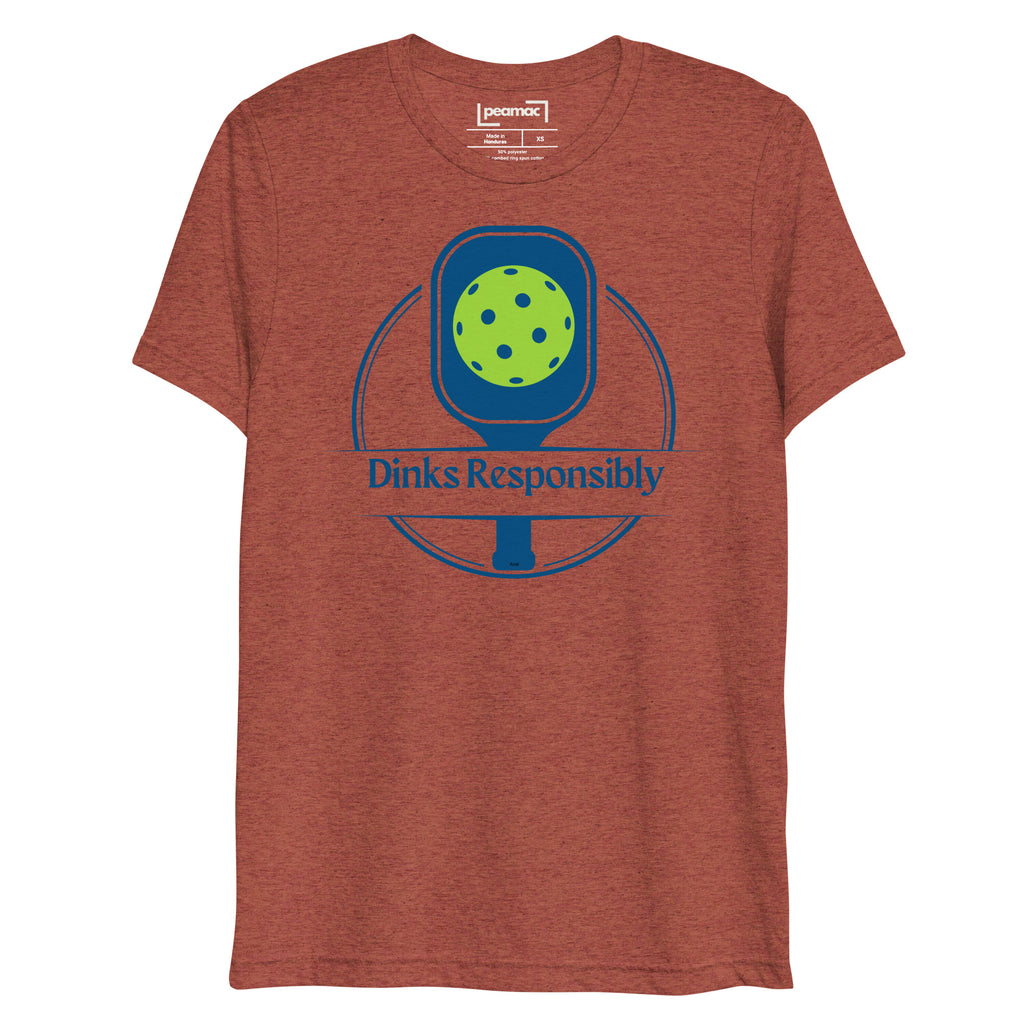 Unisex clay-colored tri-blend T-shirt by PeaMac Pickleball Tees with a playful pickleball paddle and ball graphic on front.