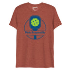 Unisex clay-colored tri-blend T-shirt by PeaMac Pickleball Tees with a playful pickleball paddle and ball graphic on front.