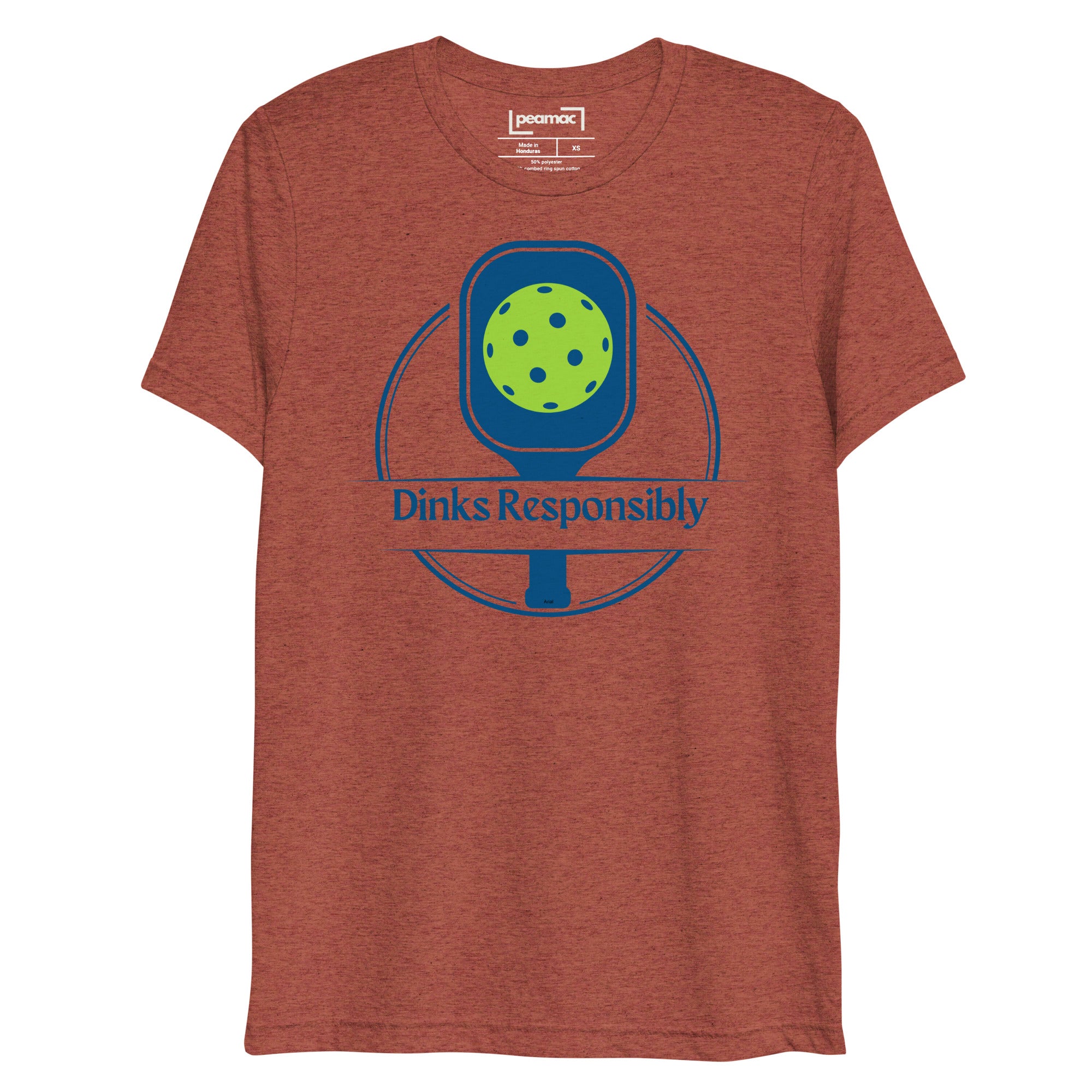 Unisex clay-colored tri-blend T-shirt by PeaMac Pickleball Tees with a playful pickleball paddle and ball graphic on front.