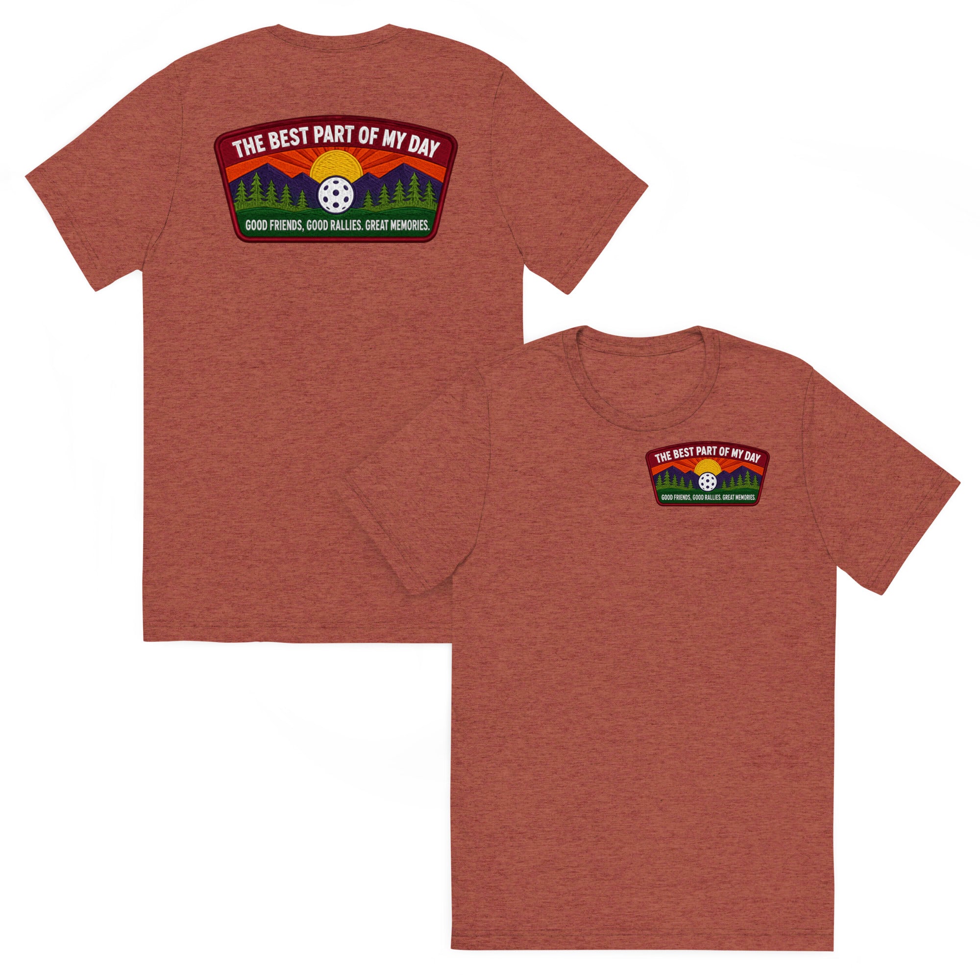 Unisex clay-colored tri-blend pickleball T-shirt by PeaMac Pickleball Tees with front and back design.