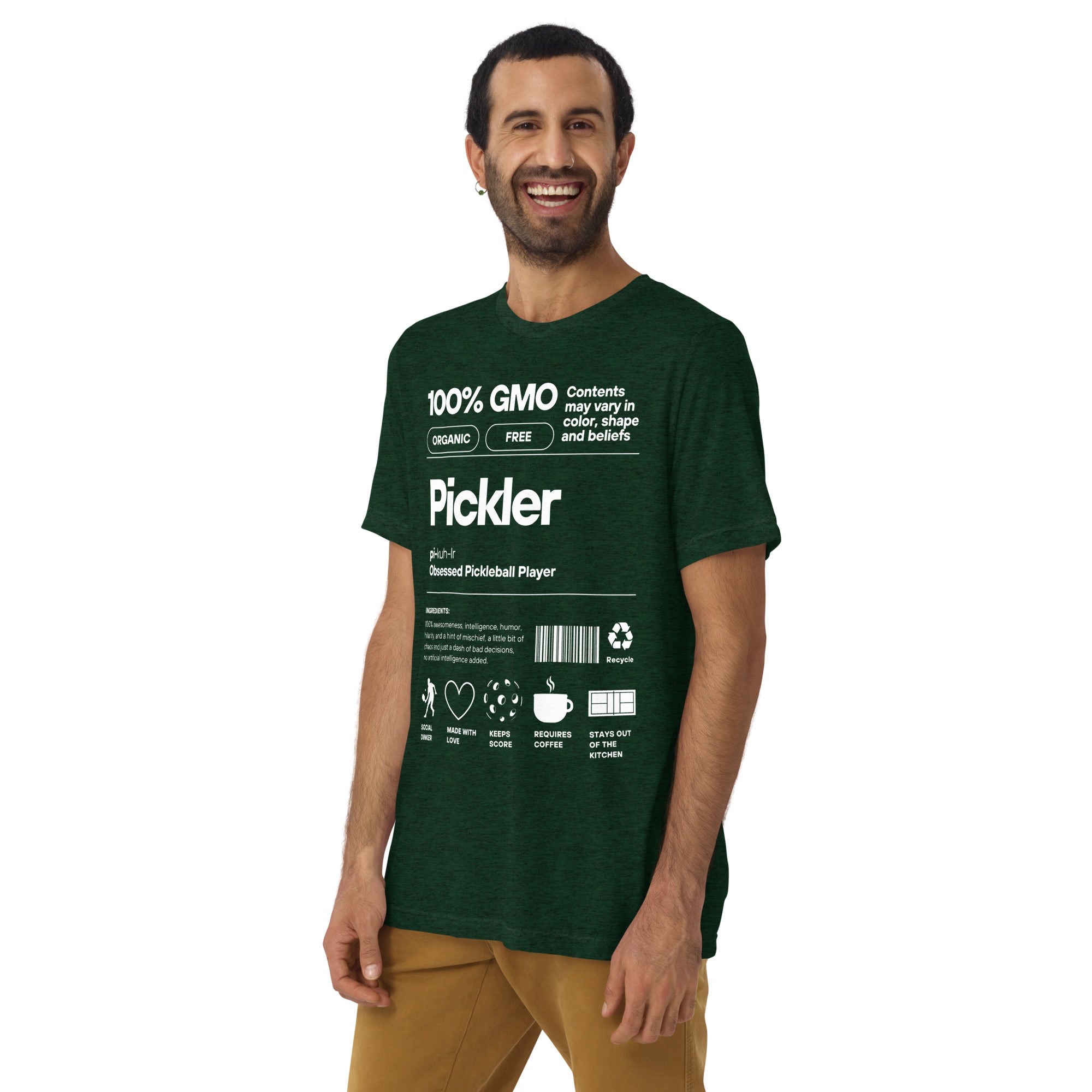 Men's Pickler Funny Definitions T-Shirt by PeaMac Pickleball Tees, emerald green unisex tri-blend activewear front view.