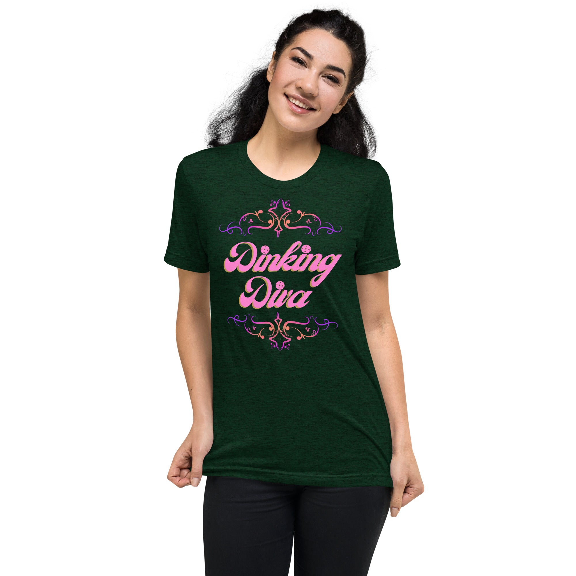 Pink Dinking Diva Pickleball T-Shirt by PeaMac Pickleball Tees, unisex tri-blend athletic t-shirt with front design.