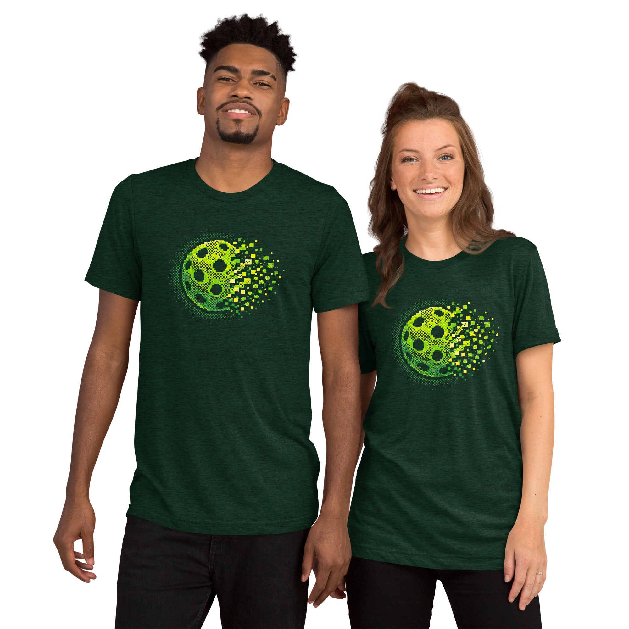 PeaMac Pickleball Tees Matrix Burst Pickleball T-Shirt with retro court graphic, unisex emerald tri-blend fabric, front view
