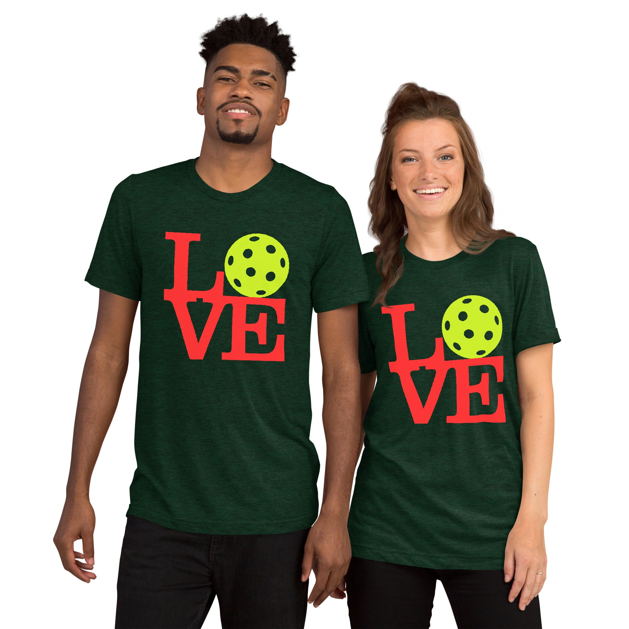 Unisex neon green LOVE Pickleball Tee by PeaMac Pickleball Tees, vibrant front design on tri-blend fabric, casual athletic T-shirt.
