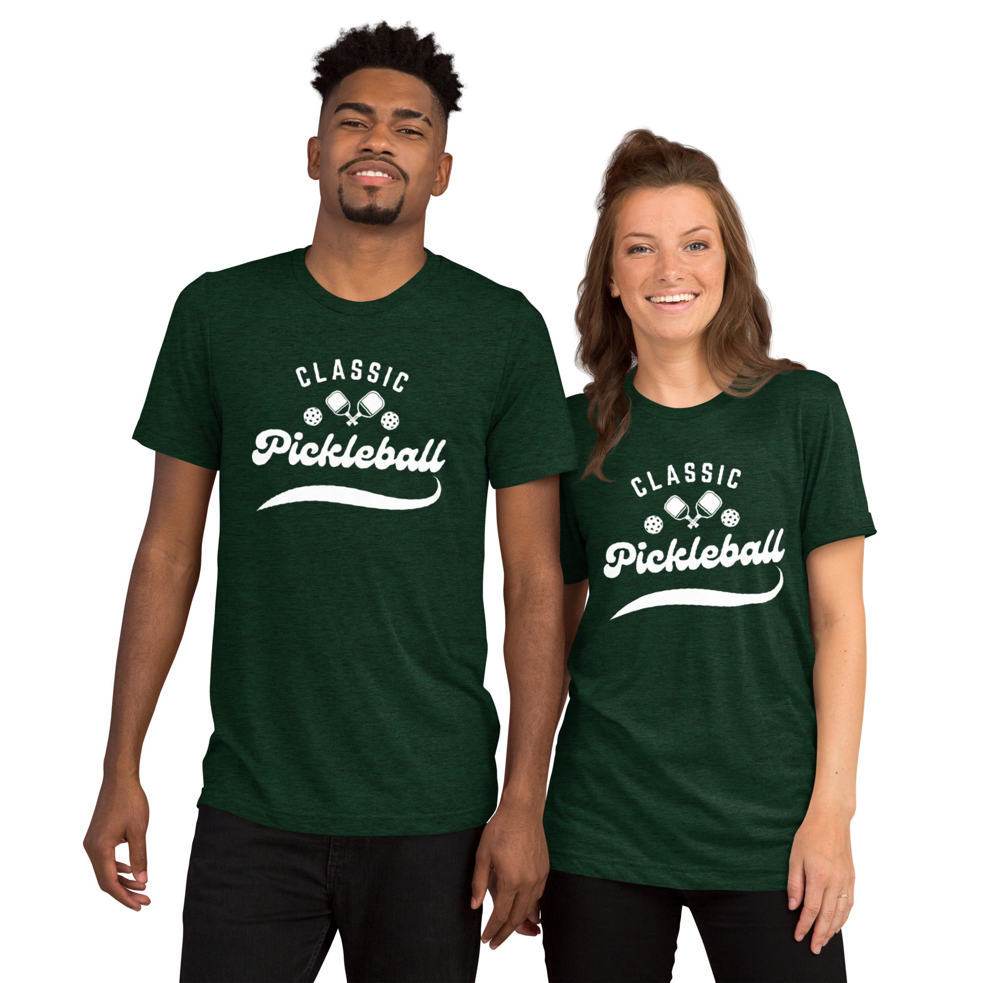 White unisex tri-blend T-shirt featuring the Classic Pickleball Script Design, from PeaMac Pickleball Tees.