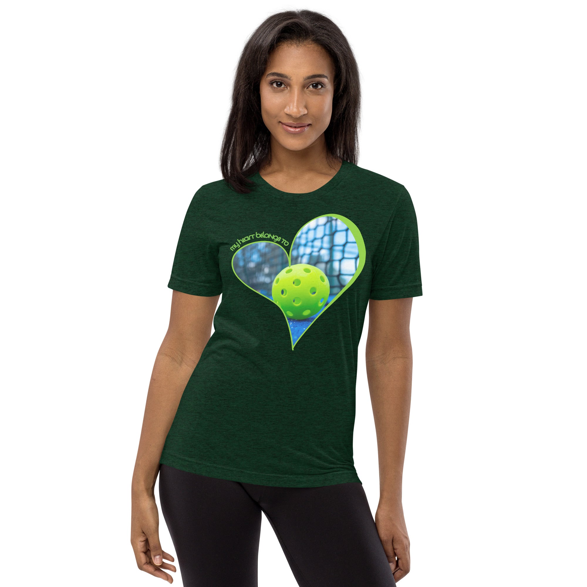 Unisex emerald green tri-blend T-shirt with "My Heart Belongs to Pickleball" text for players and fans by PeaMac Pickleball Tees.