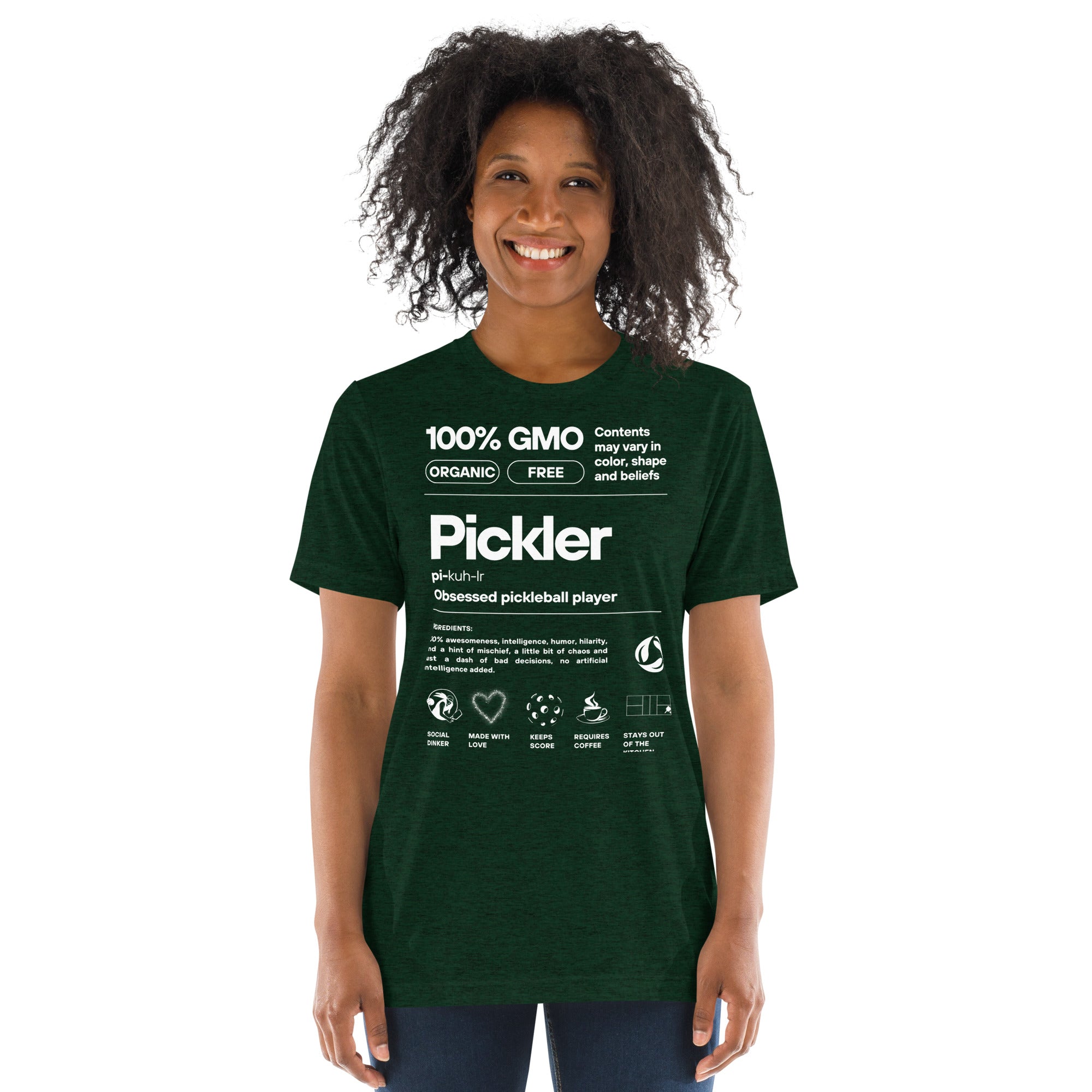 Women's Pickler Funny Definitions T-Shirt by PeaMac Pickleball Tees, lightweight white tri-blend fabric with playful pickleball-themed text.