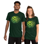 Unisex emerald tri-blend T-shirt featuring the Matrix Burst Neo-Green pickleball graphic, by PeaMac Pickleball Tees.