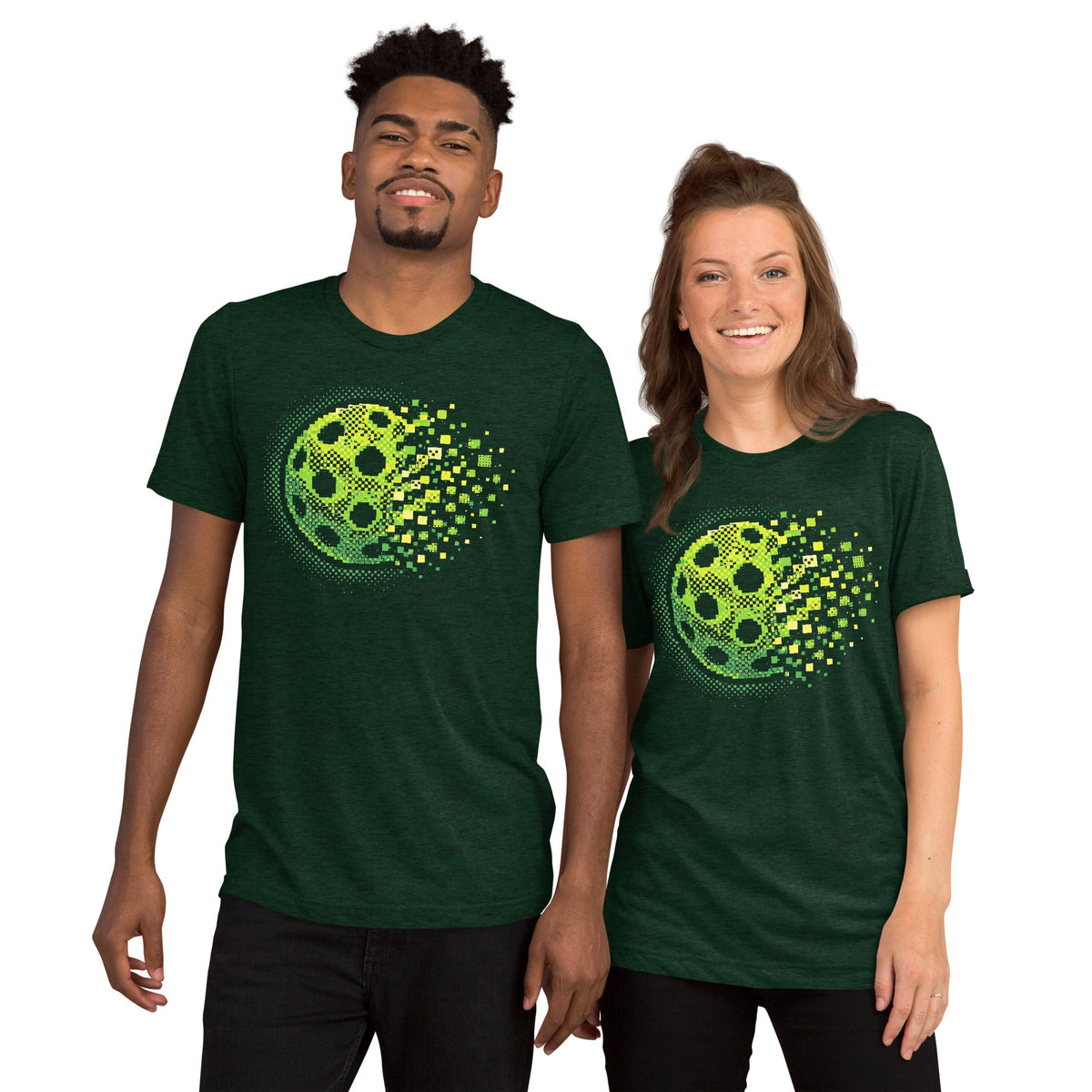Unisex emerald tri-blend T-shirt featuring the Matrix Burst Neo-Green pickleball graphic, by PeaMac Pickleball Tees.
