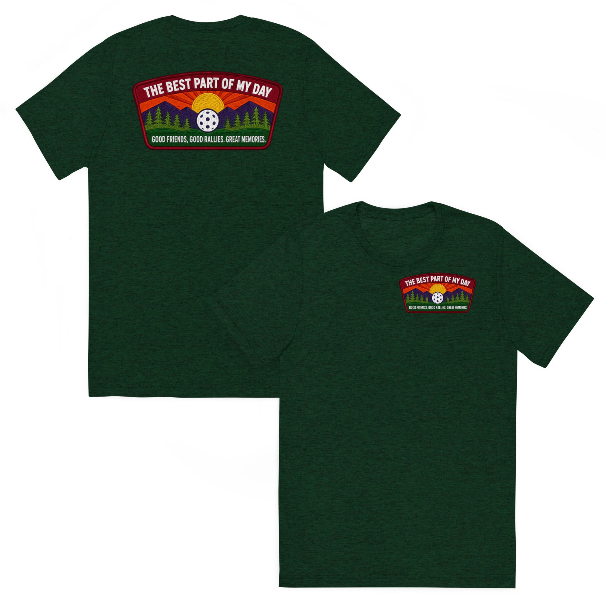 Unisex emerald tri-blend pickleball T-shirt with front and back designs, featuring the "Best Part of My Day" pickelball graphic.