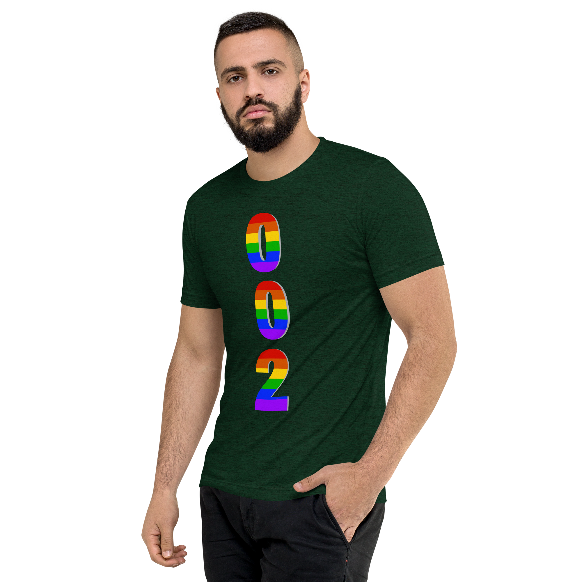Unisex Pickleball Pride T-Shirt by PeaMac Pickleball Tees, emerald green tri-blend fabric, front left view, LGBTQ2 supportive design