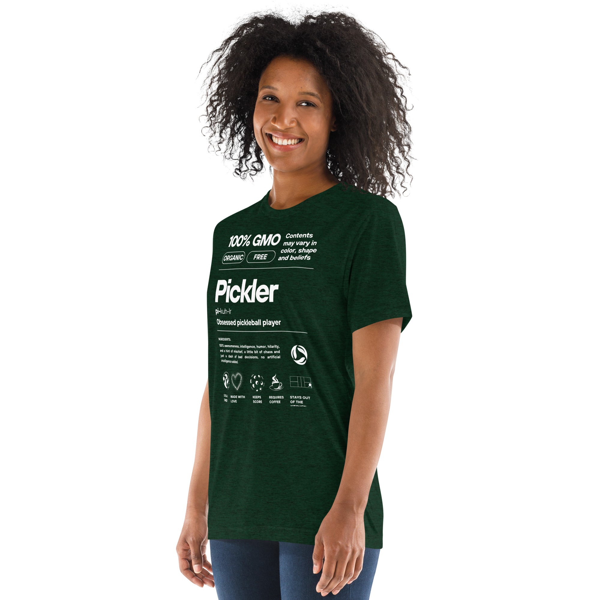 Women’s Pickler Funny Definitions T-Shirt by PeaMac Pickleball Tees, lightweight white tee with playful text design.