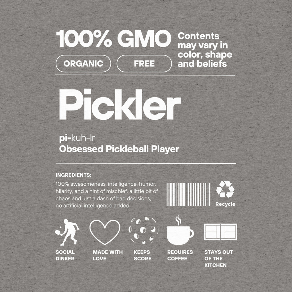 Unisex grey Pickler Funny Definitions T-Shirt by PeaMac Pickleball Tees, made from premium tri-blend fabric, front view.