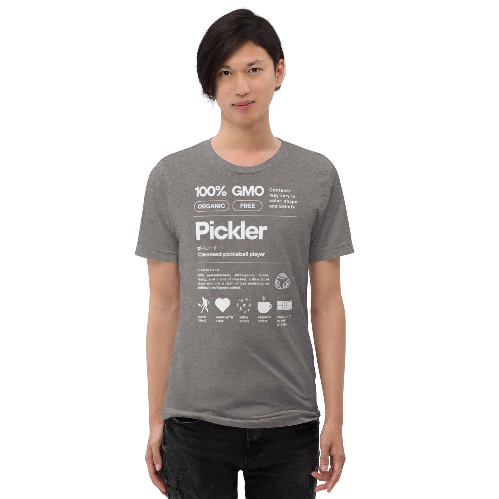 Unisex grey Pickler Funny Definitions T-Shirt by PeaMac Pickleball Tees, made from premium tri-blend activewear fabric.