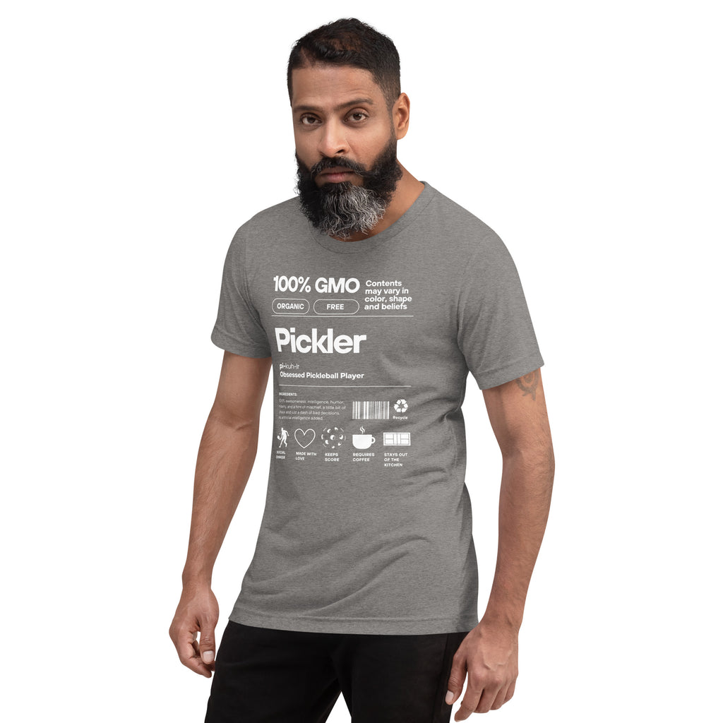 Unisex grey Pickler Funny Definitions T-Shirt by PeaMac Pickleball Tees, premium tri-blend fabric, left-front view.