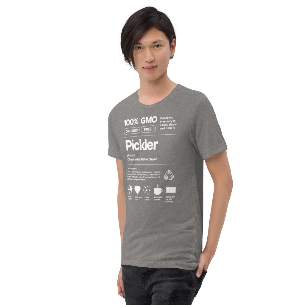 Men's grey Pickler Funny Definitions T-Shirt by PeaMac Pickleball Tees, premium tri-blend activewear with unisex fit, left-front view.