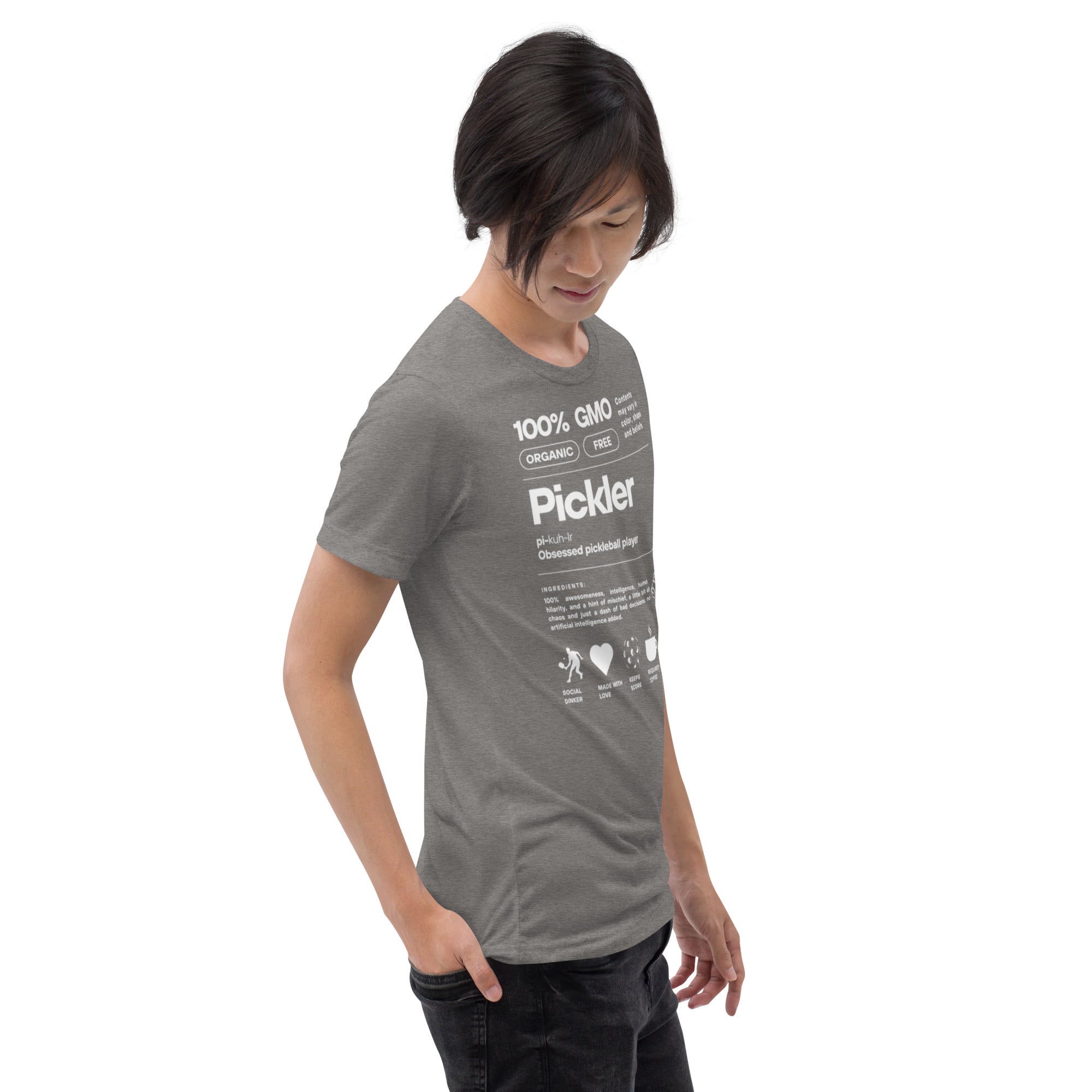 Unisex grey Pickler Funny Definitions T-Shirt by PeaMac Pickleball Tees, featuring a casual fit and tri-blend fabric on the front.