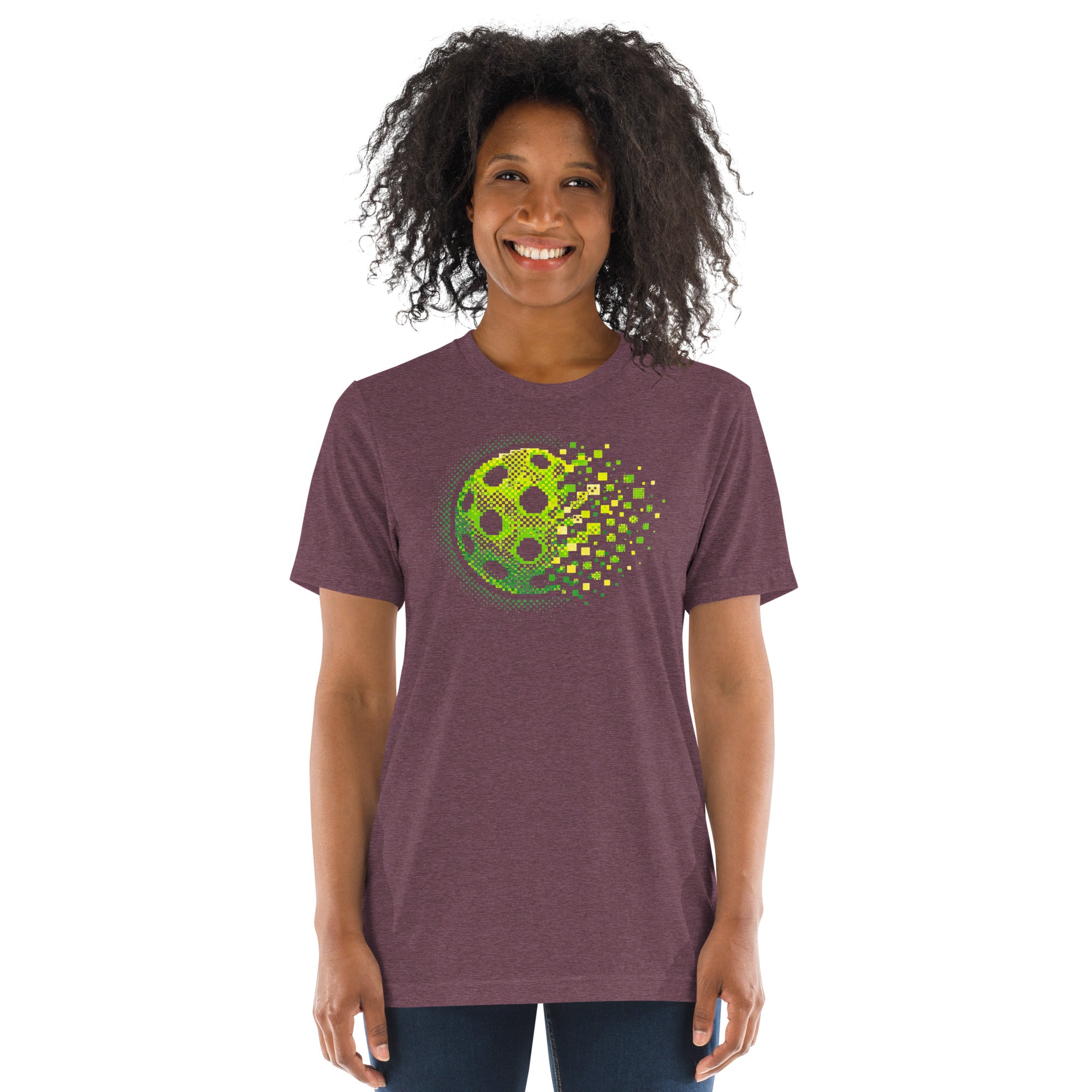 Unisex maroon tri-blend T-shirt featuring retro court graphic for pickleball by PeaMac Pickleball Tees