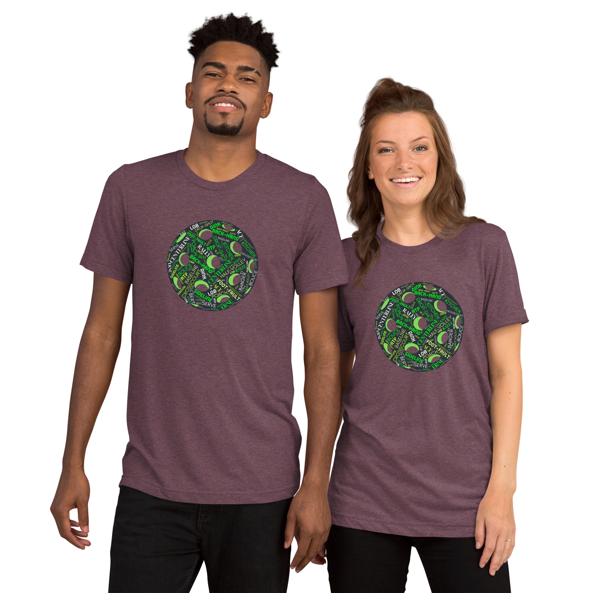 Maroon unisex Pickleball Word Cloud T-Shirt by PeaMac Pickleball Tees featuring Dink, Pickle, Kitchen words in graphic design.