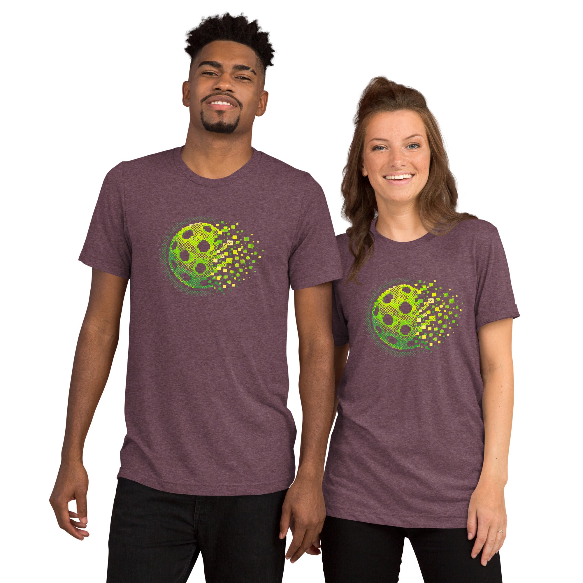 Maroon unisex Tri-Blend T-Shirt with classic retro court graphic by PeaMac Pickleball Tees, showcasing pickleball-inspired design.