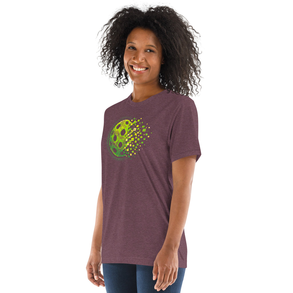 Maroon unisex tri-blend T-shirt with retro court graphic design for pickleball by PeaMac Pickleball Tees.