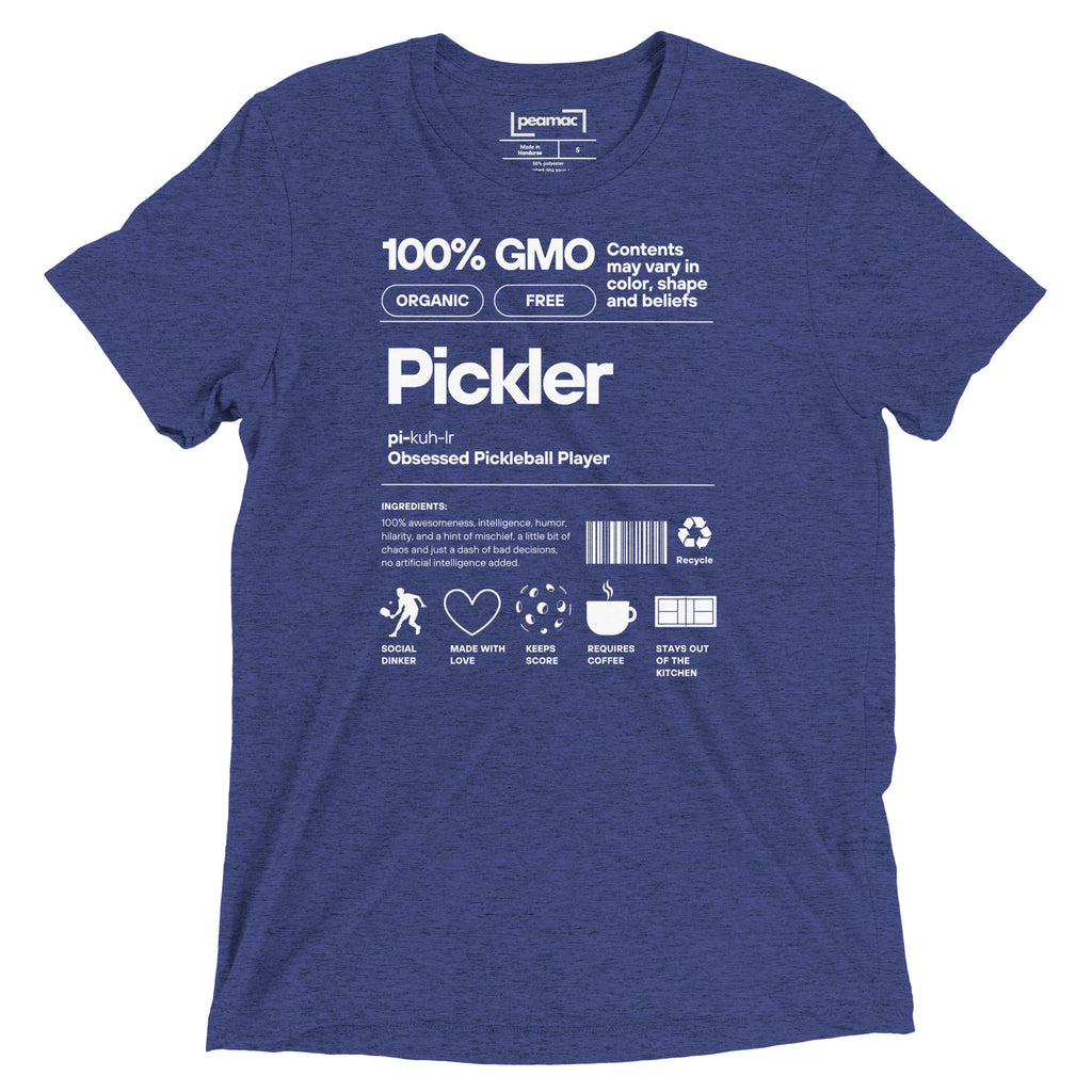 Men's navy Pickler Funny Definitions T-Shirt by PeaMac Pickleball Tees, unisex tri-blend activewear with pickleball-themed graphic on front.