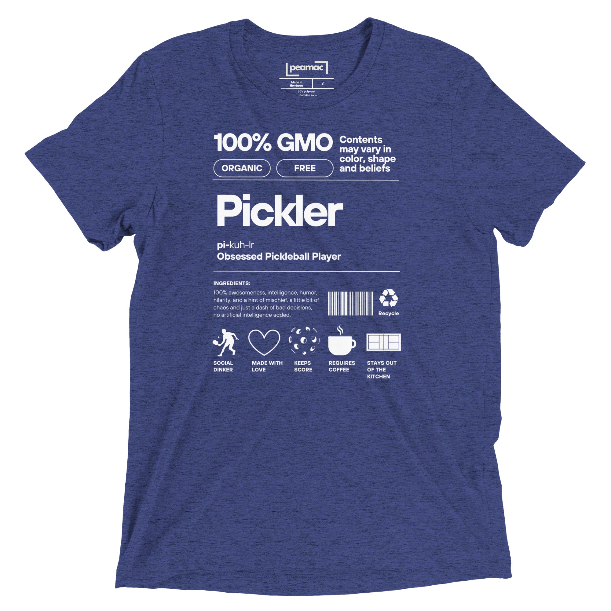 Men's navy Pickler Funny Definitions T-Shirt by PeaMac Pickleball Tees, unisex tri-blend activewear with pickleball-themed graphic on front.