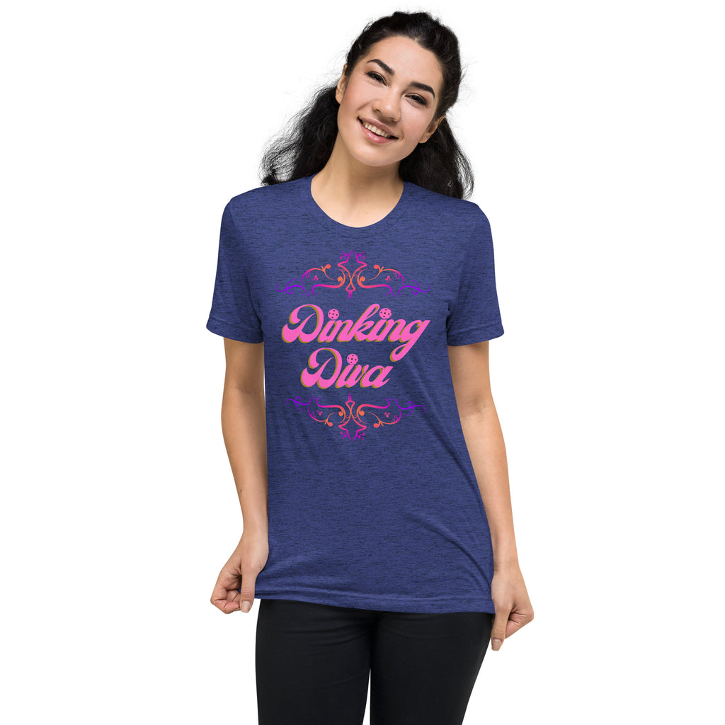 Pink Filigree Dinking Diva pickleball T-shirt by PeaMac Pickleball Tees, navy tri-blend athletic unisex T-shirt front view