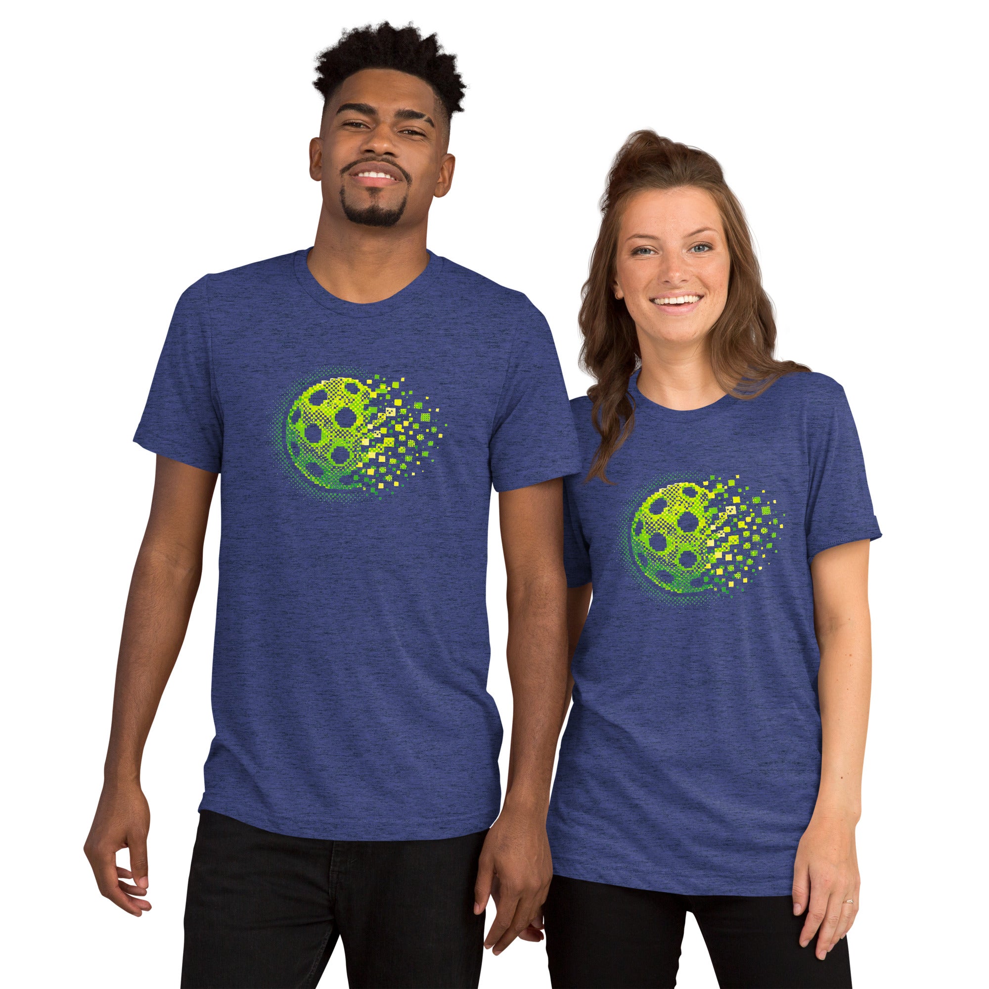 Navy unisex Tri-blend T-shirt featuring a classic retro court graphic for Matrix Burst Pickleball Tee by PeaMac Pickleball Tees.