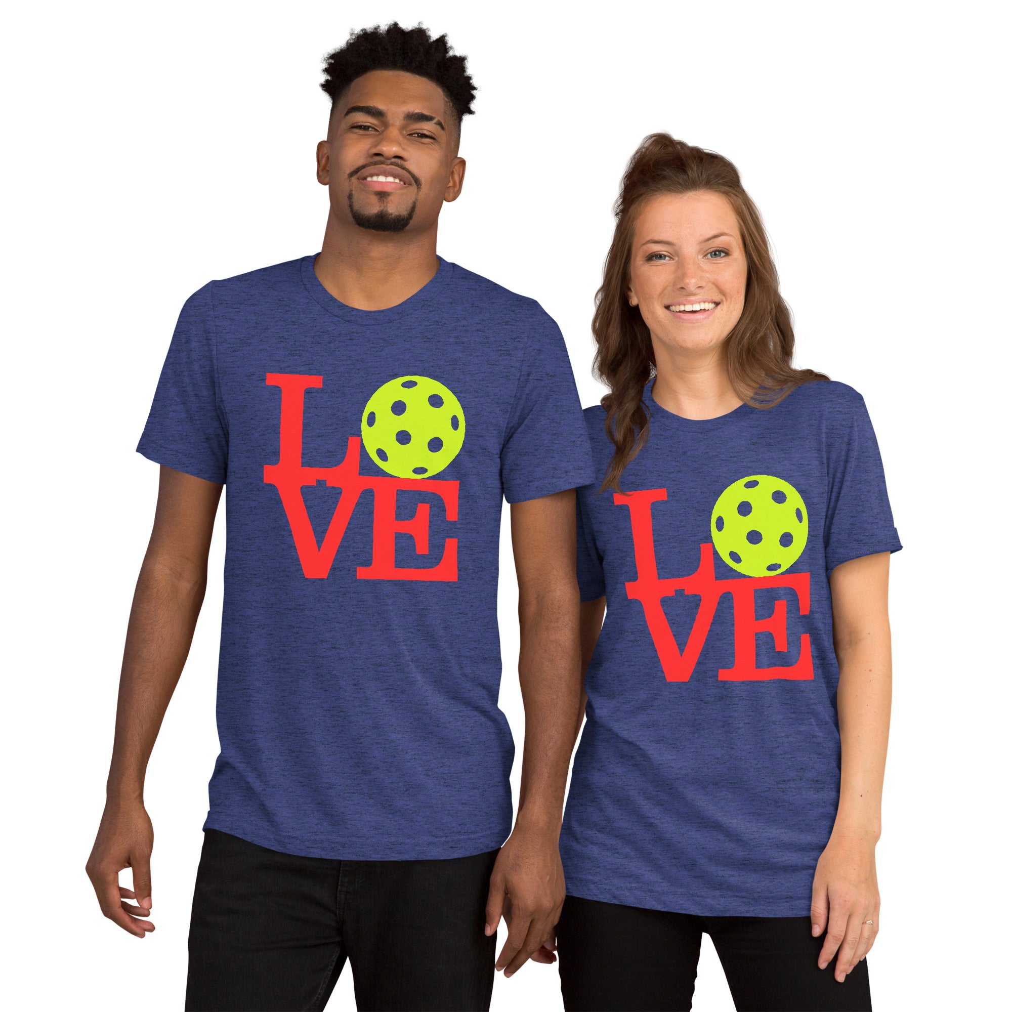 Navy unisex tri-blend T-shirt with neon pop art LOVE Pickleball Tee by PeaMac Pickleball Tees, front view.