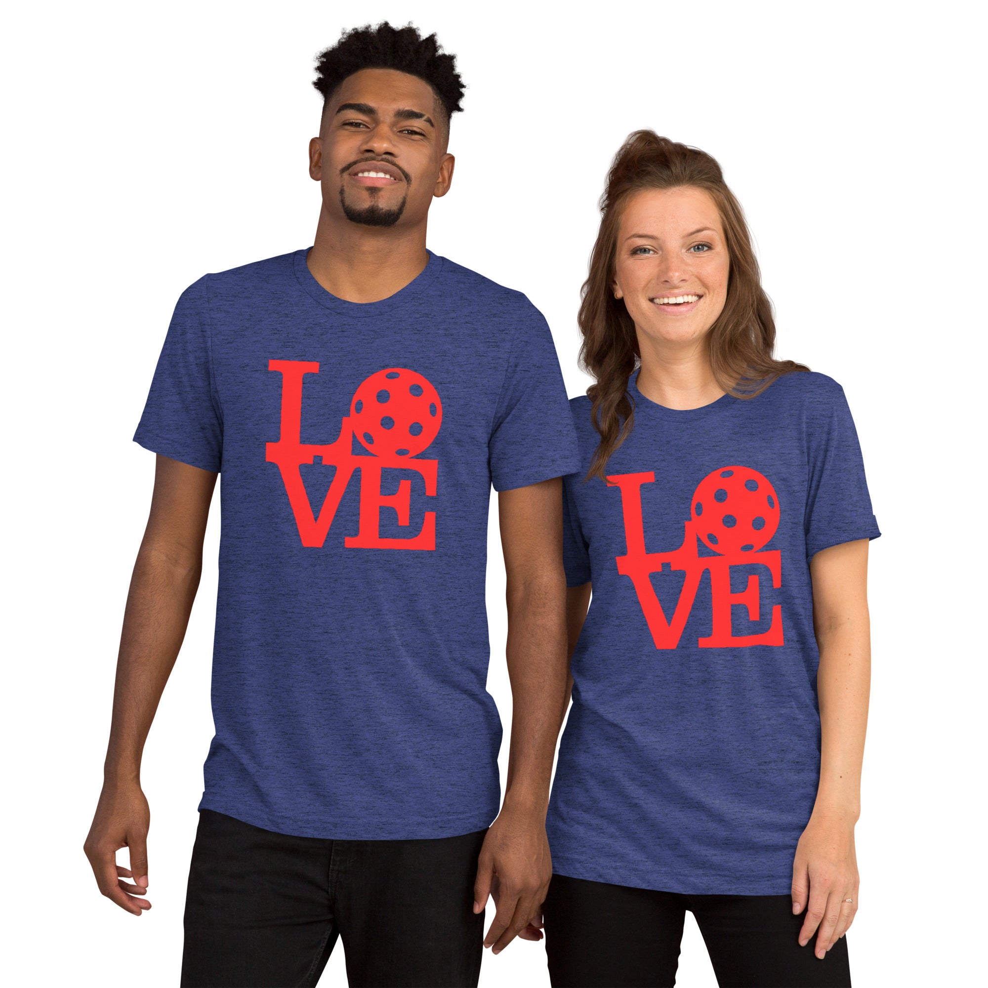 Unisex navy tri-blend T-shirt with LOVE Pickleball graphic print, bold red pop art design, by PeaMac Pickleball Tees.