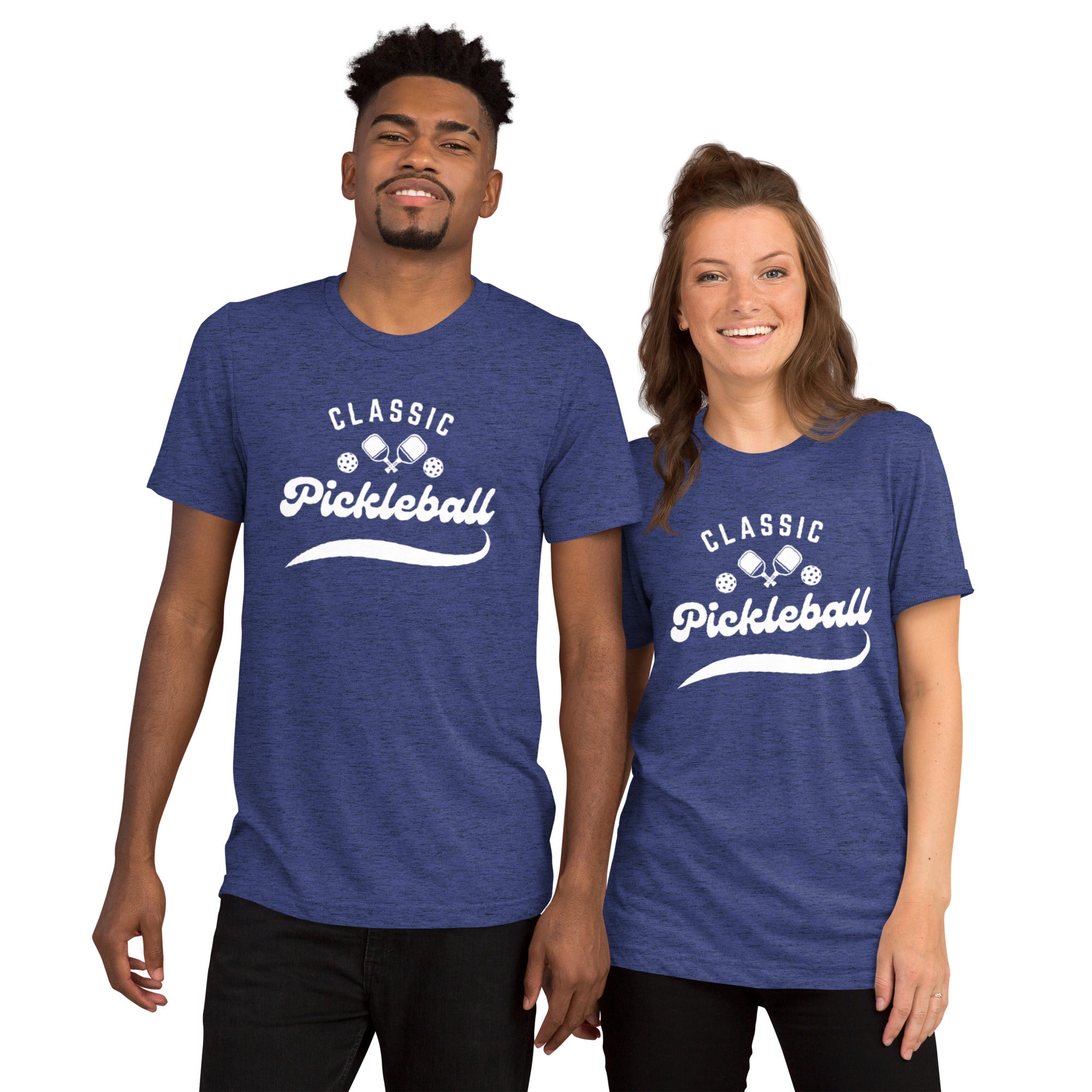 White Classic Pickleball Script Design unisex tri-blend T-shirt by PeaMac Pickleball Tees, front view showing the graphic design.
