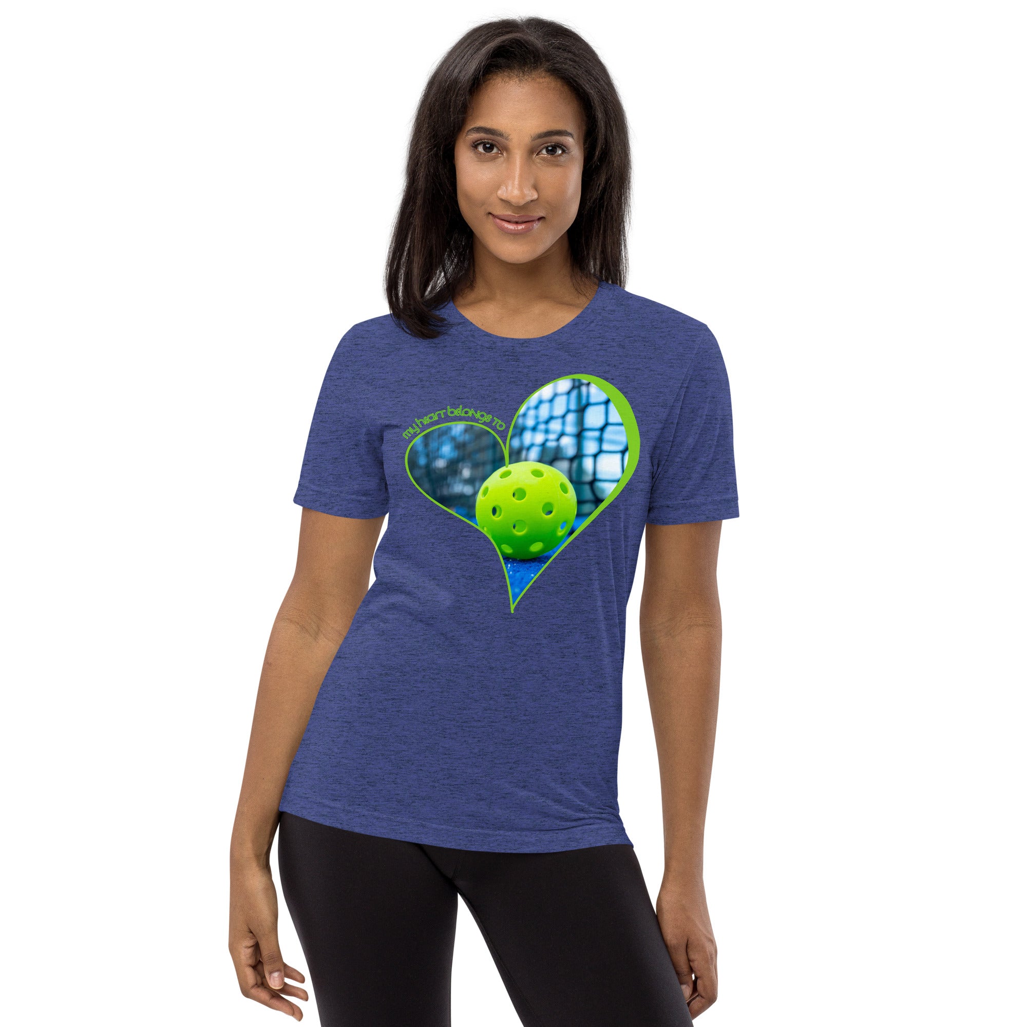 Unisex navy tri-blend T-shirt with "My Heart Belongs to Pickleball" slogan, by PeaMac Pickleball Tees, front view.